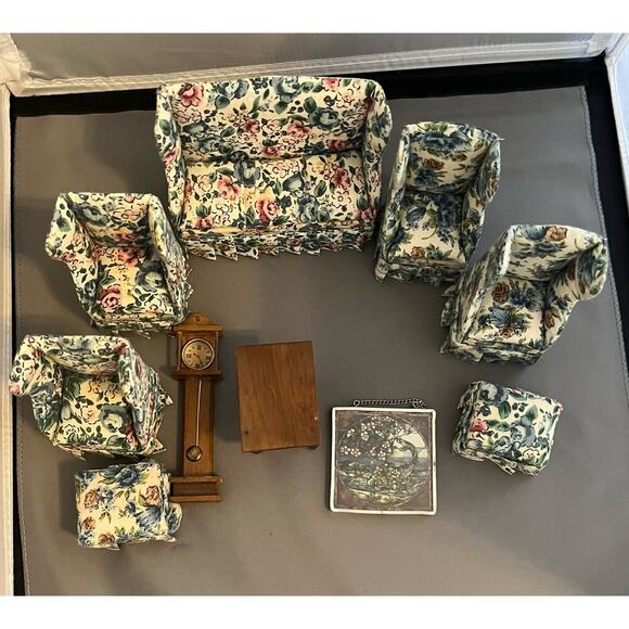 Dollhouse Furniture Living Room 10 pc Loveseat ARm Chair End Table stool Clock - Picture 10 of 11